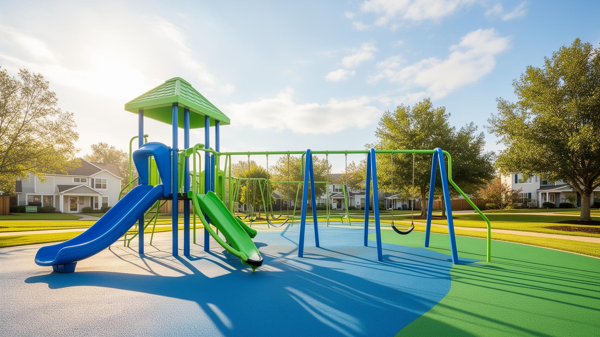Freshly cleaned blue and green neighborhood playground in a Gwinnett County community