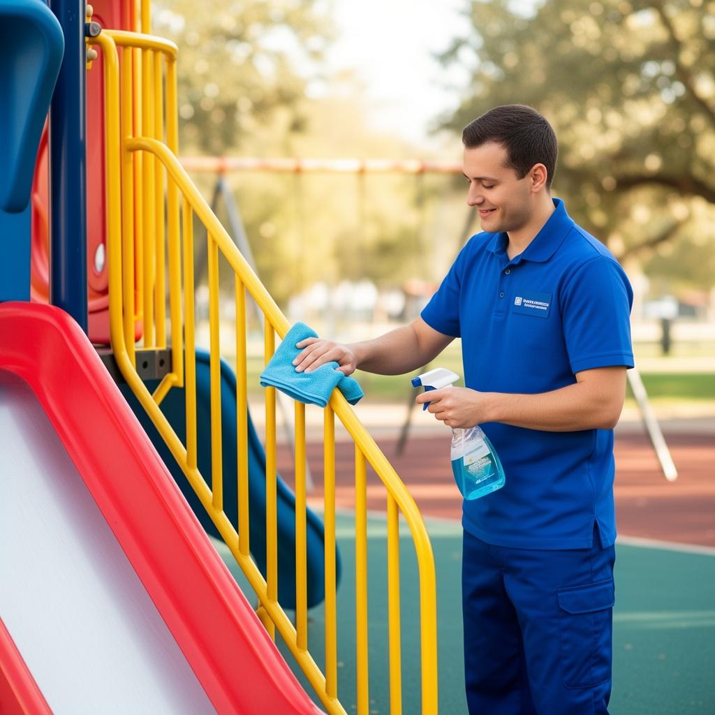 PlaySafe Sanitation technician carefully cleaning playground railings